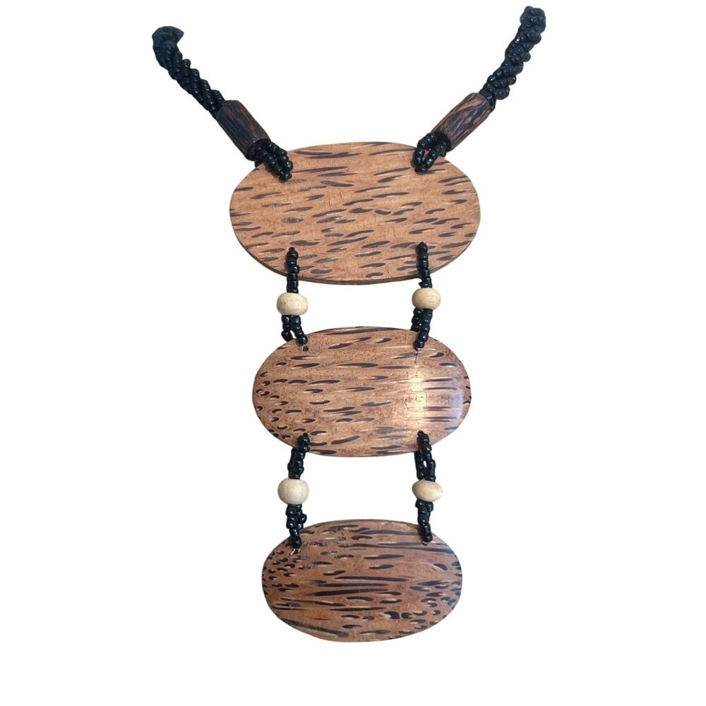 Vintage Black Seed Bead Twist Necklace Wood Pendant Collar Button Clasp 16"